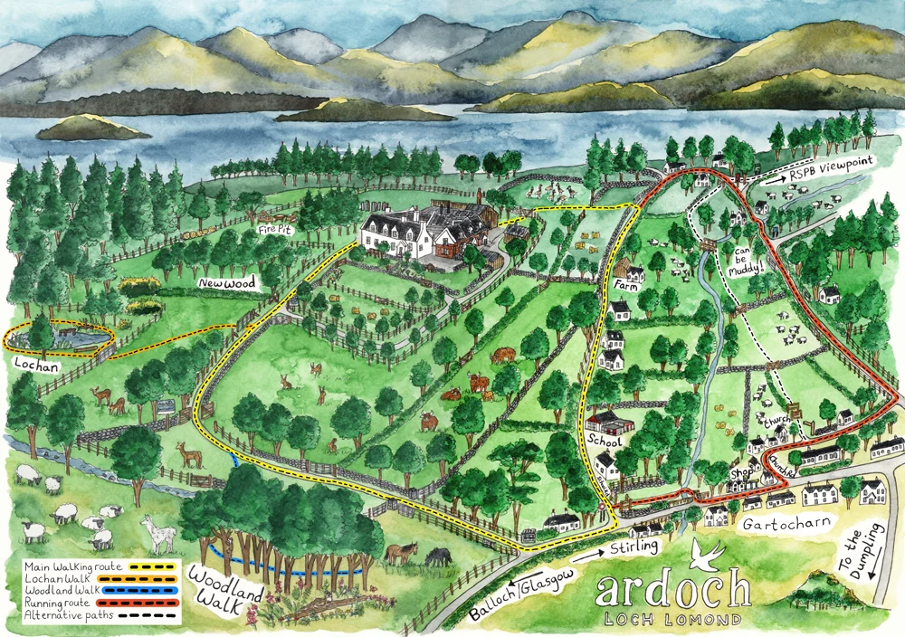 Illustrated map of Ardoch Estate, its buildings, gardens and surrounding landscape