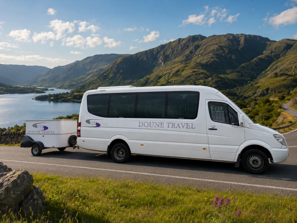 White Doune Travel minibus and luggage trailer beside a loch and green hills.