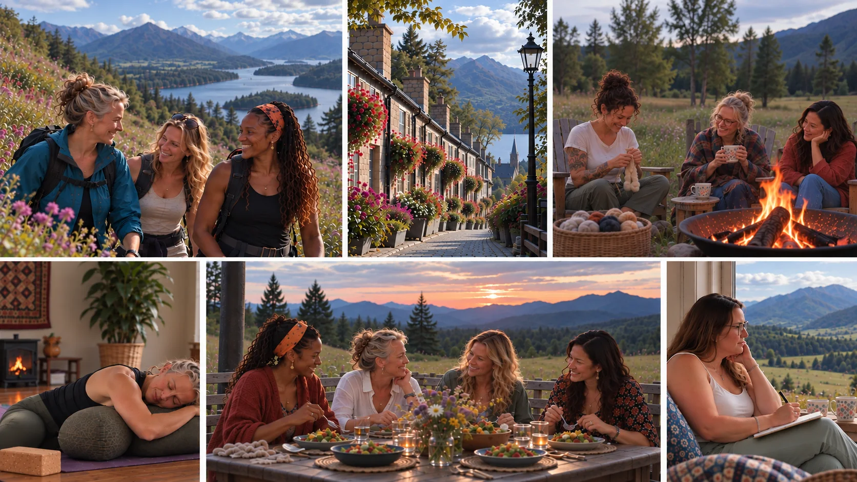 Collage of women hiking, crafting by a fire, resting on a yoga bolster, sharing a meal and journaling, alongside mountain, lake and village scenes.