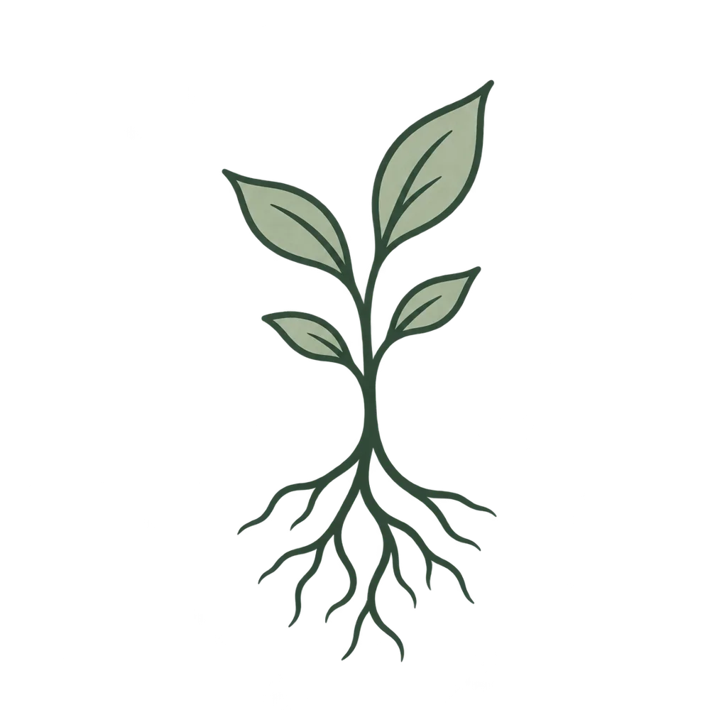 Hand-drawn leafy sprout with visible roots icon
