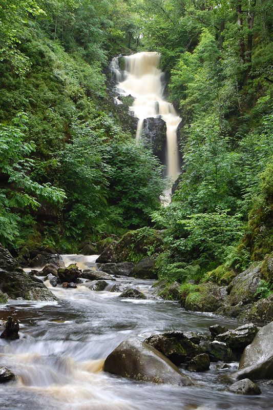 Waterfall cascading over rocks through lush green woodland.