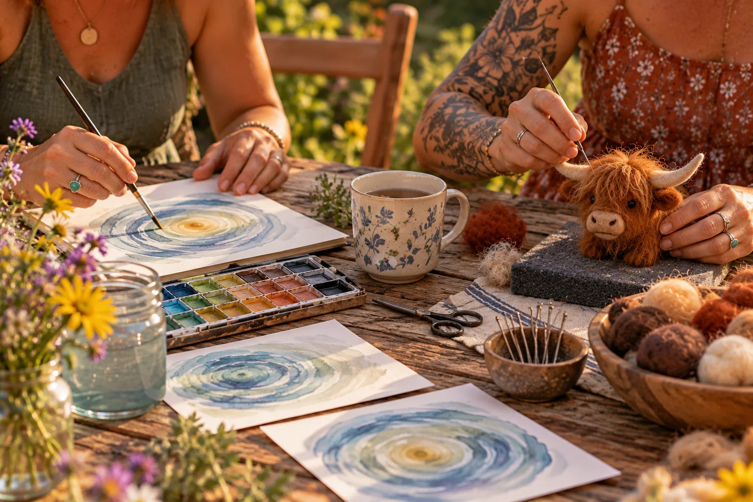 Two women painting with watercolors and needle-felting a Highland cow at an outdoor table.