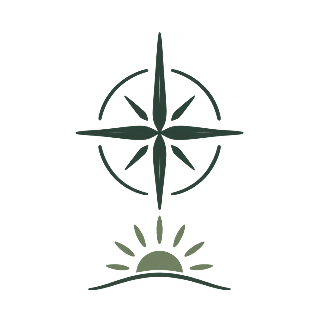 Hand-drawn compass star with a small rising sun icon
